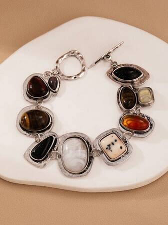 1 st nya ZA bohemiska vintage armband för kvinnor mode gyllene metall ihåliga länkar berlock harts statement armband (slumpmässig hartsfärg)