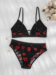 2pcs Women Front Closure Bra And Panty Set With Mesh Patchwork Heart & Lip Print - Black - View 7