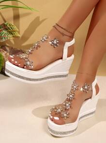 9厘米时尚高跟凉鞋，带玻璃花水钻装饰，厚底，防滑坡跟，适合学生和女士