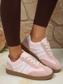 女士时尚新款户外休闲运动鞋，几何拼接条纹粉色鞋，粉色舒适柔软休闲运动鞋，滑板鞋