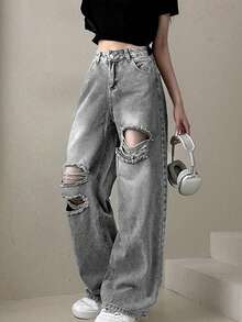 Jeans casuales y versátiles de talle alto con efecto desgastado y asimétrico, para primavera - Gris - Ver 3