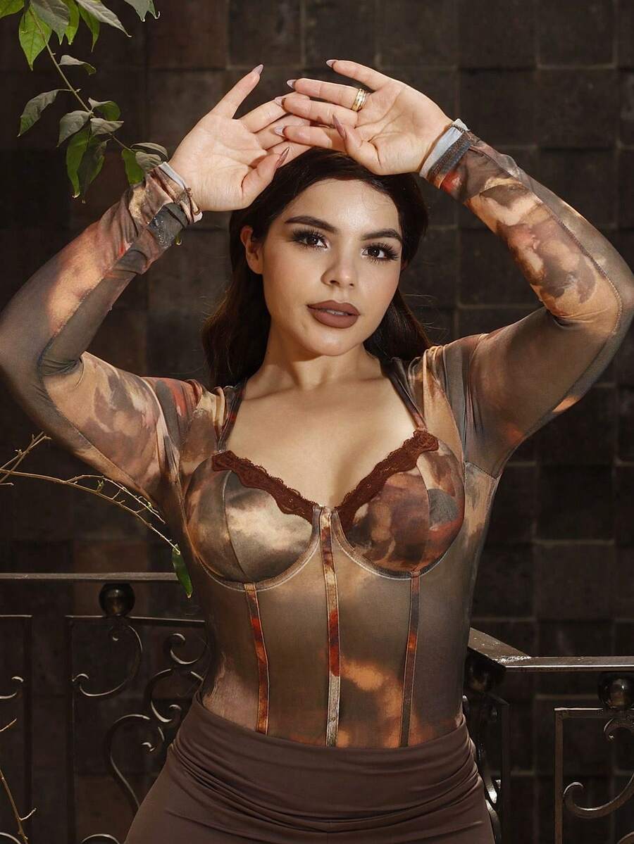 Lupita Cardoza Women's Character Printed Sweetheart Neck Lace Patchwork Bodysuit - Brown - View 1