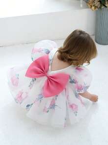 Baby Mädchen Elegantes Prinzessinnenkleid mit Schleife und Blumenprint, Mesh Puffärmel, perfekt für 1. Geburtstag, Hochzeit, Blumenmädchen, Schulaufführungen, Feierlichkeiten