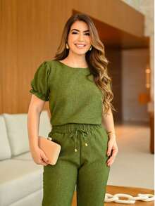 Women's Scrub Set Hospital Lab Coat 2 Pieces Casual Elegant Pleated Blouse Linen Pants With Delicate Detail On The Sleeve Colors Fashion Spring Summer 2025 Women's Clothing - 軍綠色/袖子 - 查看 4