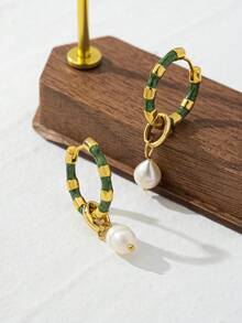 1 Cặp bông tai mặt dây chuyền ngọc trai nước ngọt Baroque tự nhiên, bông tai thắt nút tre tráng men, thiết kế tiệc/lễ hội độc đáo dành cho phụ nữ - màu xanh lá - Xem 3