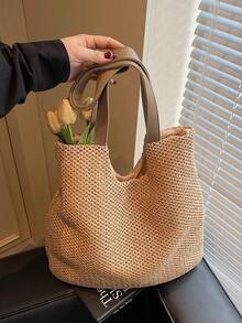 极简主义大容量单肩包托特包彩虹单肩包 - 卡其色 - 查看 5