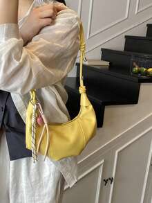 1 pieza Bolso de hombro de unicolor de PU, bolso de mano en forma de media luna de gran capacidad para mujeres adultas, conjunto de moda para compras al aire libre - Amarillo - Ver 3