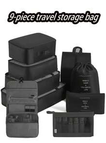 Juego de 9 en 1 Organizador de almacenamiento de viaje, cubos de embalaje plegables para el equipaje que incluyen bolsa de aseo, bolsa de maquillaje, bolsa de ropa interior, bolsa de zapatos, organizador de lencería y calcetines, bolsas de almacenamiento plegables para la ropa, adecuado para maletas