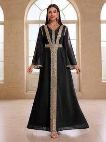 YISIKADO Váy dài tay thắt đai sequin chiffon phong cách Ả Rập dành cho nữ cho những dịp trang trọng - màu đen - Xem 4