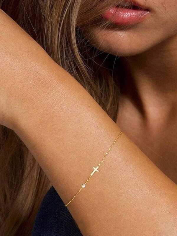 EleRunis 1PC 925 Sterling Silver Simple Mini Cross Charm Bracelet 18K Gold Plated For Women Birthday Gifts Fashion Cute Jewelry Gift For Mother Her Daily Wear Party Wedding Engagement Anniversary
