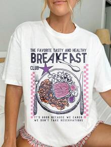 T-shirt court ample à manches courtes pour femmes, motif de nourriture pour le petit-déjeuner, col rond, tissu léger en polyester pour l'été, vêtement d'été décontracté, lavable en machine - Blanc - Voir 3
