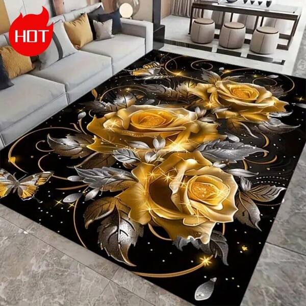 Grand tapis de sol, collection 2025, motif rose doré personnalisé, style minimaliste moderne, fabriqué à partir de matériau en velours de cristal haute technologie avec une surface tricotée haute densité résistante à la décoloration, à l'abrasion et facile à nettoyer. Décoration d'entrée, salle de bain, décoration de cuisine