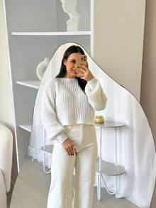 Blusa Feminina Tricot Maxi Cropped Inverno Lançamento Basica  Simples  Casual  Tecido tipo lã  Malhado - Branco - Visão 3