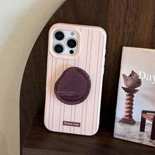 GUCADI 1pc Vertical Striped Elegant Protective Case With Coffee Bean Holder, Retro Brown Holder, High-Quality Gift Compatible With IPhone 16/15/14/13/12 Series, Anti-Drop Waterproof Shockproof Scratch Resistant - Pink - View 7