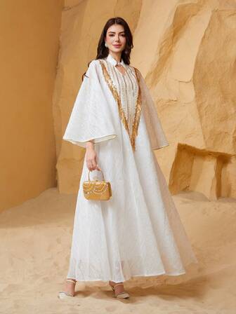 V-Neck Long Dress, Maxi Gown, Elegant Sparkly Embroidered Mesh Abaya, Fashion Luxury Arabia Style Long Robe Jalabiya Dress