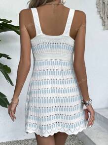Knit Mix Abito a maglia a costine senza maniche con scollo a V e stampa a righe, spalline larghe, stile elegante vacanziero per donne, tessuto morbido e confortevole, abbigliamento autunnale per il ritorno a scuola