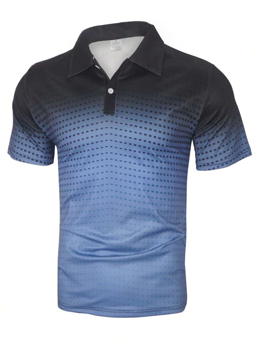 Polo de manga corta con rayas de gradiente de negro y azul, prenda casual y de actividades al aire libre para el verano