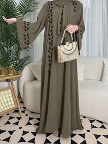 2pcs Elegant Eid Dress With Plant Embroidery Headscarf, High-End Charming Ceremonial Holiday Modest Dress & Robe Set - Brown - View 1