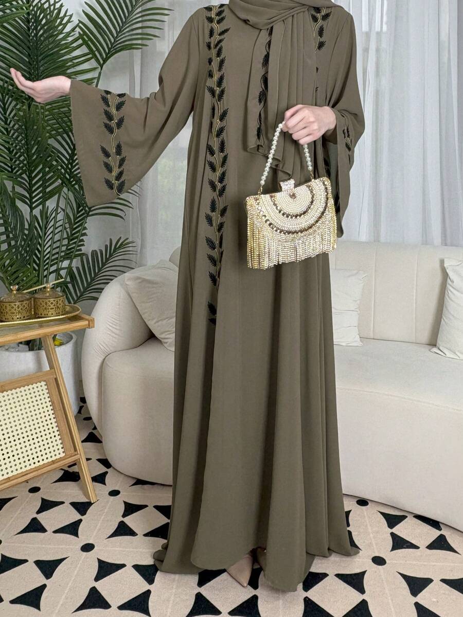 2pcs Elegant Eid Dress With Plant Embroidery Headscarf, High-End Charming Ceremonial Holiday Modest Dress & Robe Set - Brown - View 1
