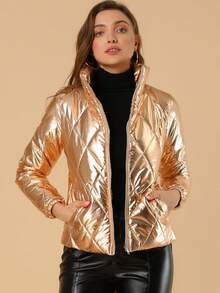 Women's Christmas Puffer Jacket Holographic Shiny Metallic Jacket - 金色 - View 3