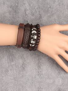 1 Set Of 4pcs Red Fashion Leather Bracelets, Unisex Adjustable Braided Leather Multi-Layers Bracelet, Retro Cuff Suitable For Daily Wear - Bracelet - View 9