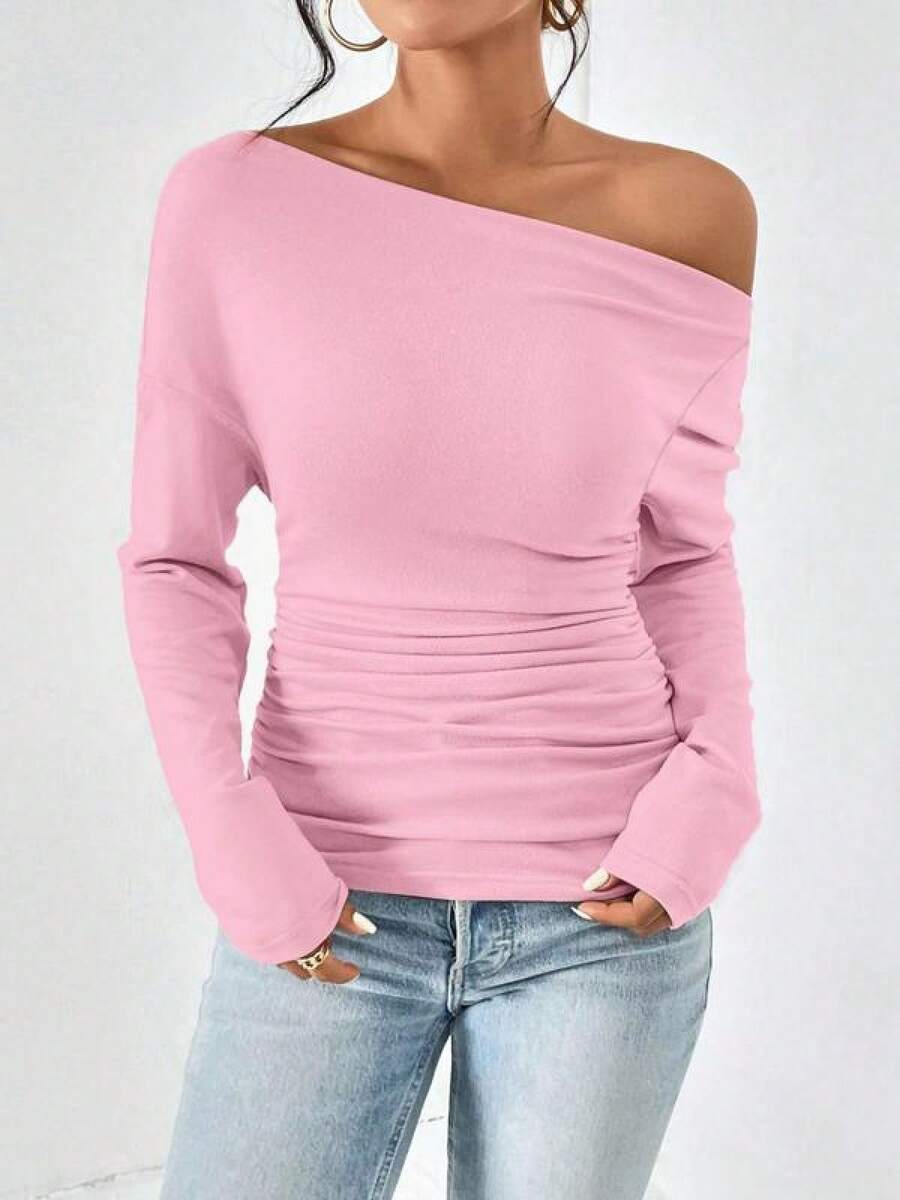 Women's Plain Minimalist Basic Ruched Asymmetrical Neck Drop Shoulder Tee, Elegance Mufti Clothes, Fall Long Sleeve T-Shirt For Everyday, Back To School T Shirts, Lady Clothes For Streetwear, Womenswear, Casual Wear - 粉色 - 查看 1