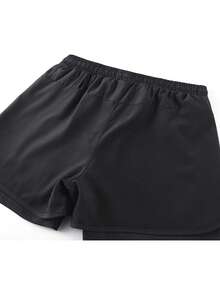 Pantalones cortos deportivos para mujer, shorts de correr 2 en 1 - Negro - Ver 3