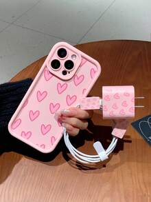 Full Screen Heart Pattern Protective Phone Case + Charger Cable Organizer Kit Compatible With Apple Phones Waterproof Shockproof Anti-Fall Scratch Resistant