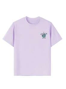 青少年女孩休闲图案印花圆领短袖 T 恤，夏季上衣