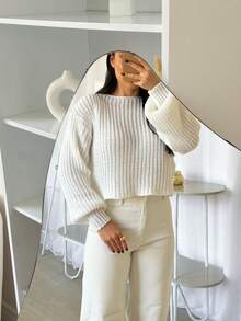 Blusa Feminina Tricot Maxi Cropped Inverno Lançamento Basica  Simples  Casual  Tecido tipo lã  Malhado - Branco - Visão 2
