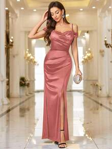 53300 Women's Sexy Off Shoulder Satin High Split Wrap Ruched Style Evening Party Maxi Dress - Black - View 8