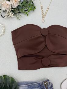 ELLIE Women's Strapless Crop Top With Button Details - 深棕色 - 查看 4