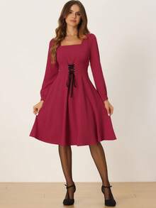 Women's Square Neck Lantern Long Sleeve A-Line Gothic Lace Up Dress - Red - View 3