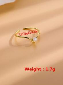 1pc Geometric V-Shaped Pearl Decor Opening Copper Ring, Suitable For Wedding Season And Engagement - Yellow Gold - View 3