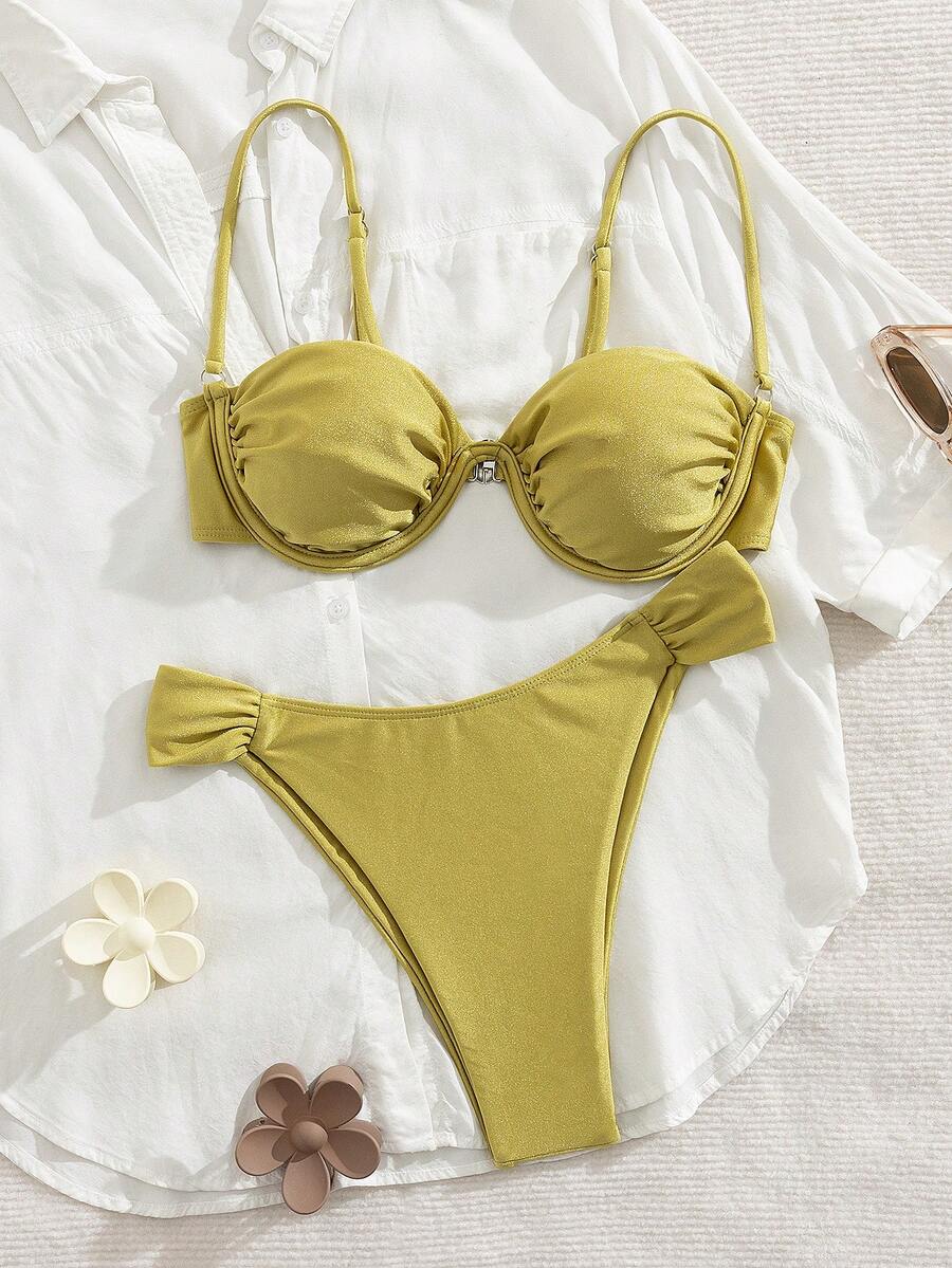 2 pezzi Bikini da donna elegante e sexy, con ferretto e schiena scoperta, in colore unito