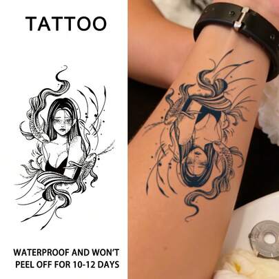 1 件美人鱼临时纹身半永久纹身防水防汗持续 1-2 周逼真草本汁防摩擦不反光仿黑色假纹身适用于女性和男性纹身贴纸适用于手臂、胸部、腿部、腹部、腰部、手指、颈部、脊柱、现代人体艺术