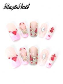 10 Pieces Of Pure Hand-Pressed Wearable Nails, Press On Nails,Nail Supplies,Nails Ptess On,Beach Essentials,33mm Square Nail Pieces, Pink And White Contrasting Colors, 3D Gold Diamond Butterfly Ornaments