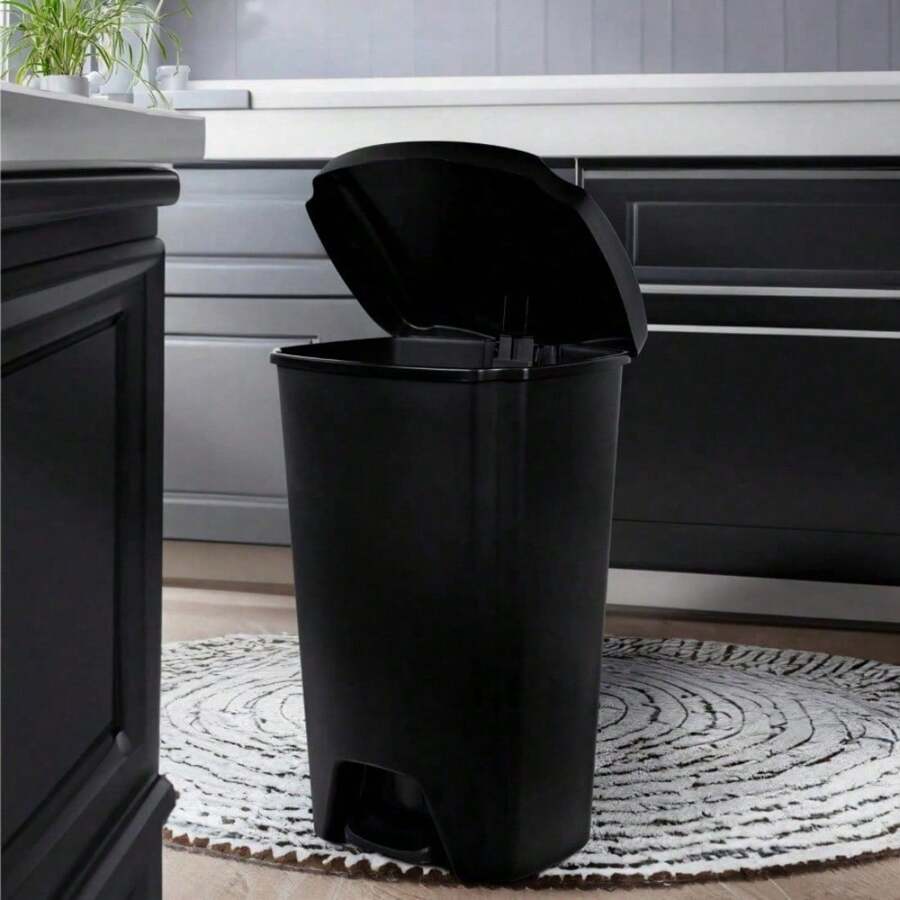12.1 Gallon Plastic Step-On Trash Can For Kitchen - Black Home Storage Solution