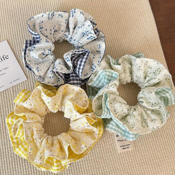 1/3pcs Plaid & Floral Patchwork Elegant Bohemian Casual High-End Slouchy Vibe Hair Scrunchies, Suitable For Ponytail, Buns, Daily Wear, Made Of Polyester Fiber Hair Ties Scrunchy Hair Ties