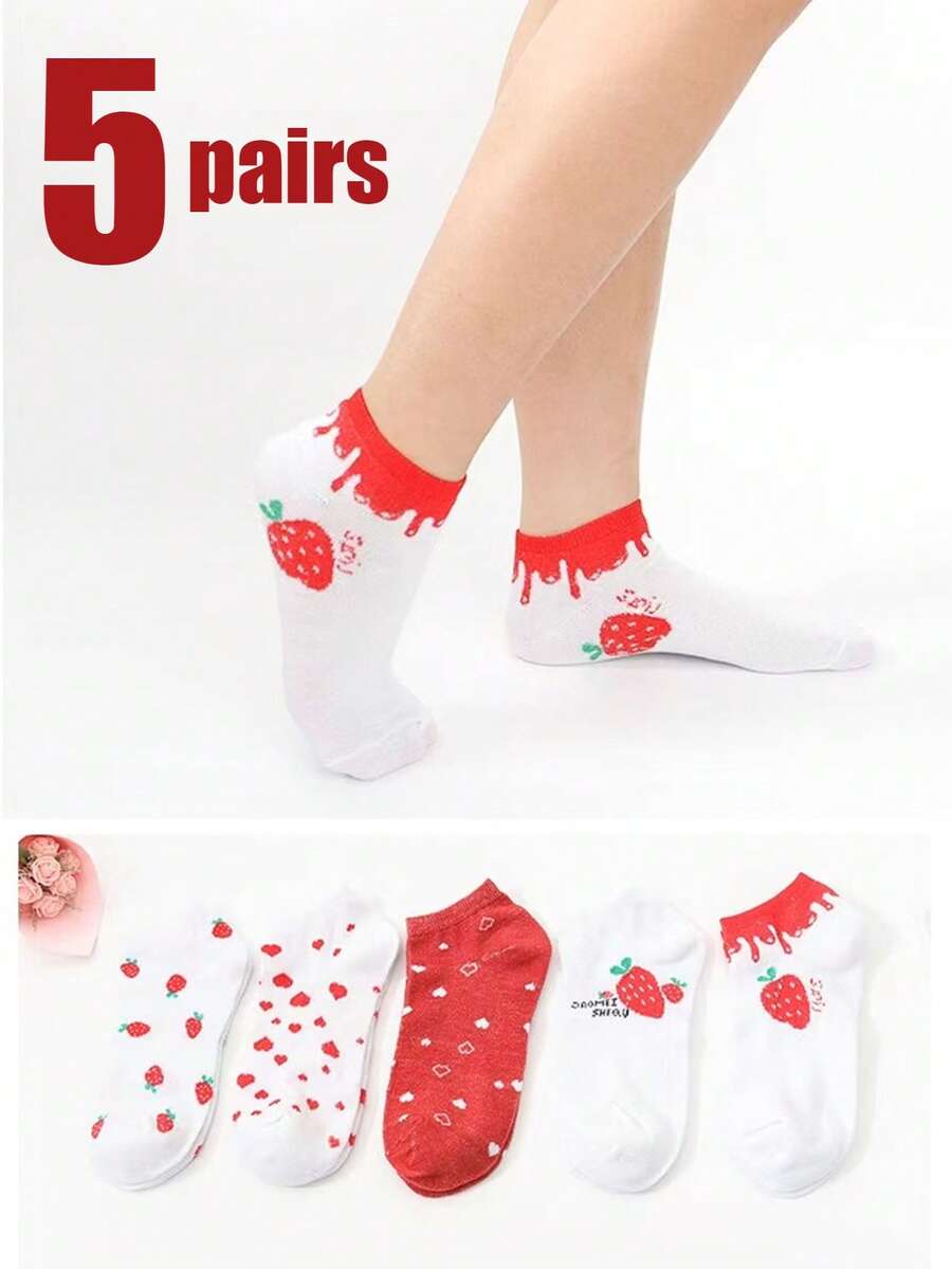5 Pairs Strawberry And Heart Pattern Cute Sweet Women Short Socks, Spring/Summer - Red - View 1