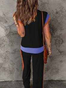 Spring Summer Women's Casual Fashion Color-Block Two Pieces Set: Short Sleeve Round Neck Loose Top With Long Pants, Versatile Outfit For Outings