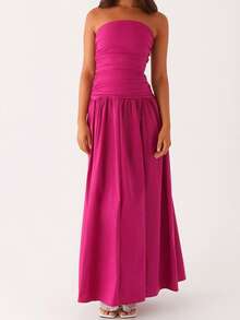 Women Tube Top Maxi Dress Elegant Sleeveless Strapless Ruched Flowy Dress Summer Long Wedding Party Cocktail Dresses - Hot Pink - View 1