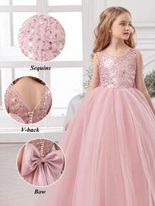 Tween Girl Elegant Bow Decor Dress, Flower Girl Princess Dress Suitable For Girls Wedding, Party, Birthday, Communion, Important Occasions - Pink - View 4
