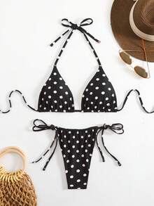 LUCKY HOLIDAY Fashionable Sexy Polka Dot Print Halter Tie-Up Triangle Bikini Swimsuit Set - Black - View 3