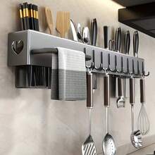 Kitchen Hook Rack Wall Mounted For Kitchen Utensils, Kitchen Storage Shelf Wall For Spices With Towel Holder And Hooks,Hanging Spice Rack Offers Space For Knives(Grey) - Xám - Xem 1