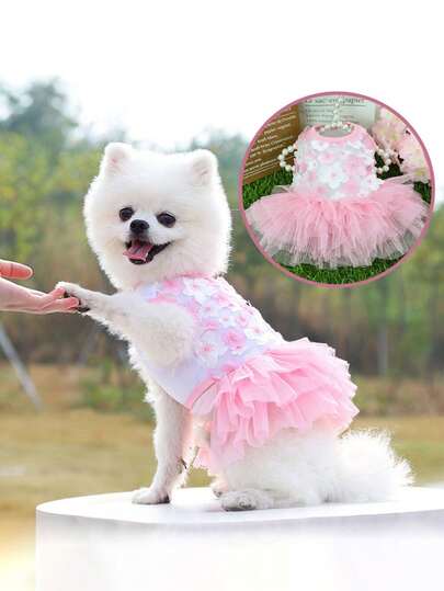 1 pieza Vestido de princesa con flores rosas para perros, vestido de chifón transpirable para mascotas, atuendo de boda de moda para Yorkshire Terrier, Chihuahua, Poodle, Bichon Frise, adecuado para fiestas de cumpleaños