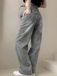 Jeans casuales y versátiles de talle alto con efecto desgastado y asimétrico, para primavera - Gris - Ver 4