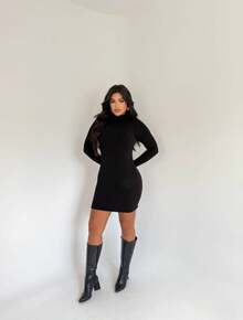 Premium Irregular Dress Long Sleeve Ribbed Vintage Elegant Sexy Boho Women's Fashion Winter - 黑色 - 查看 2
