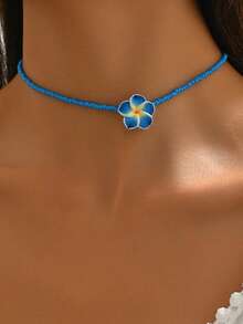 1pc Boho Style Creative Soft Clay Flower Woven Adjustable Women Necklace - Blue - View 2