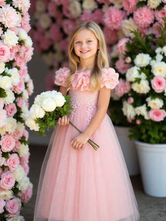 女童亮片泡泡袖锦缎连衣裙，花童婚礼生日派对表演晚礼服